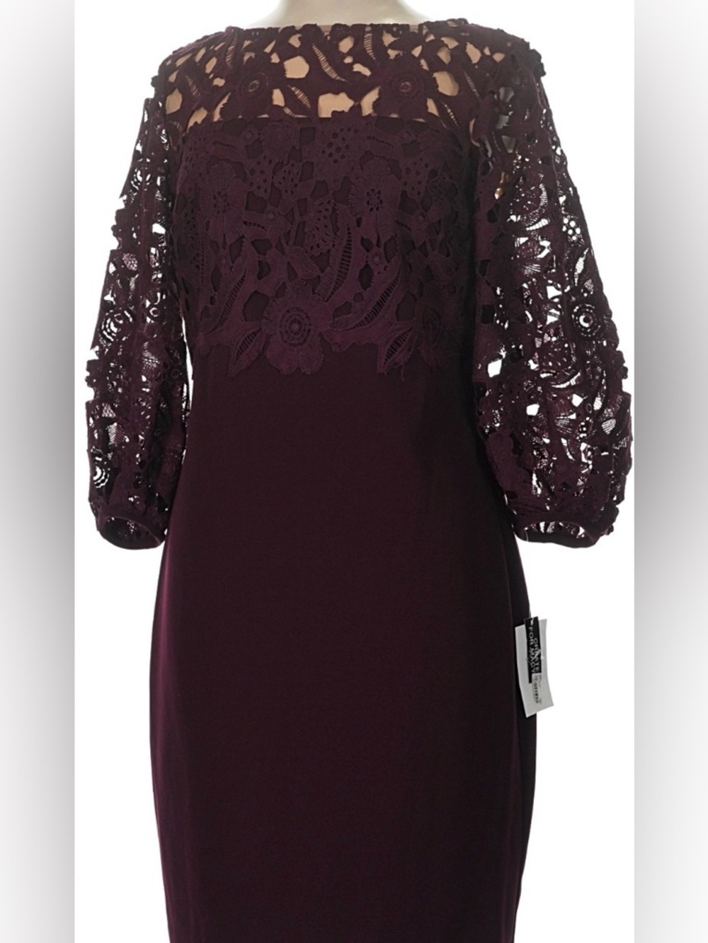Lauren Ralph Lauren Wine Lace Yoke Sheath Dress with Balloon Sleeves